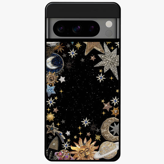 Galactic Jewel Stars Glass Case showing flat back view with sparkling star jewel artwork and glossy glass finish.