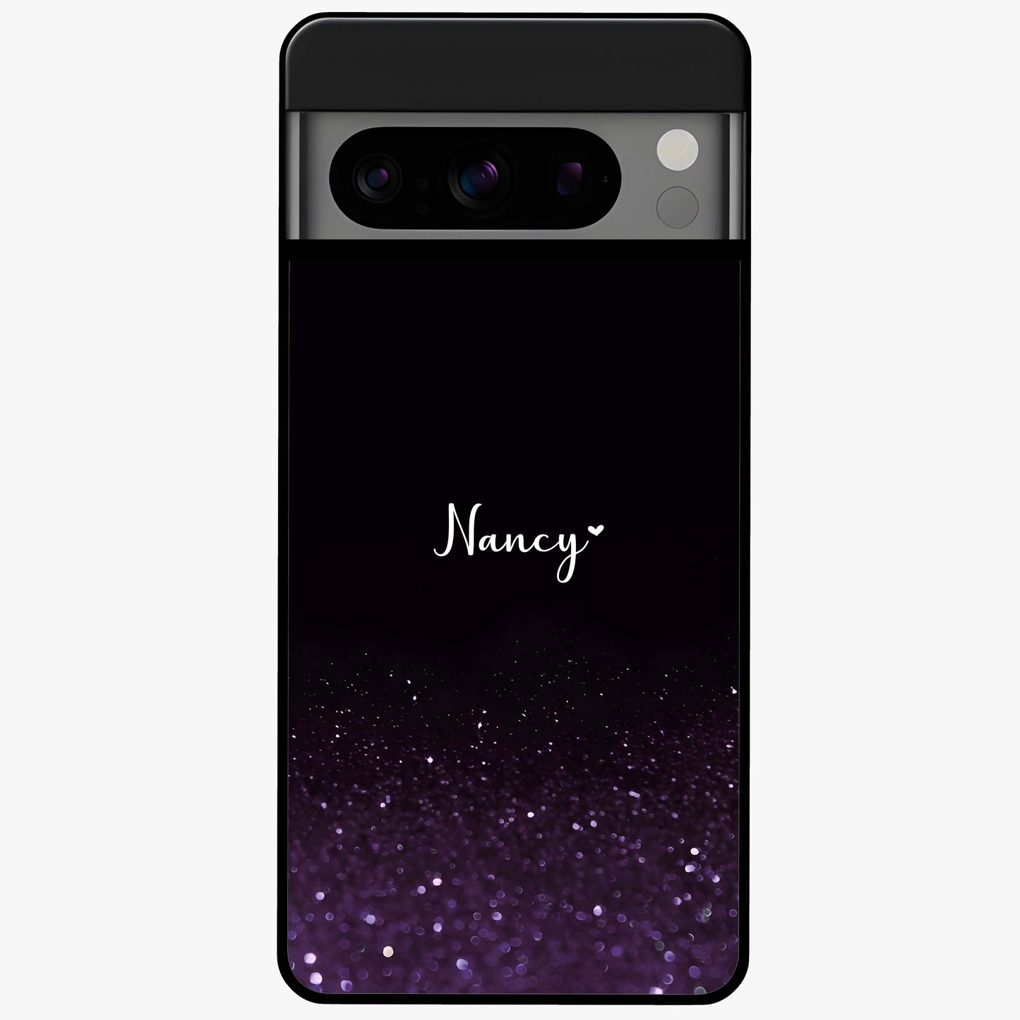 Glittery Purple Bokeh Custom Name Glass Case showing flat back view with purple bokeh sparkle artwork and personalized name design.