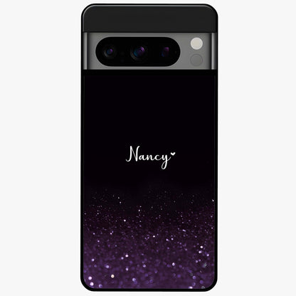 Glittery Purple Bokeh Custom Name Glass Case showing flat back view with purple bokeh sparkle artwork and personalized name design.