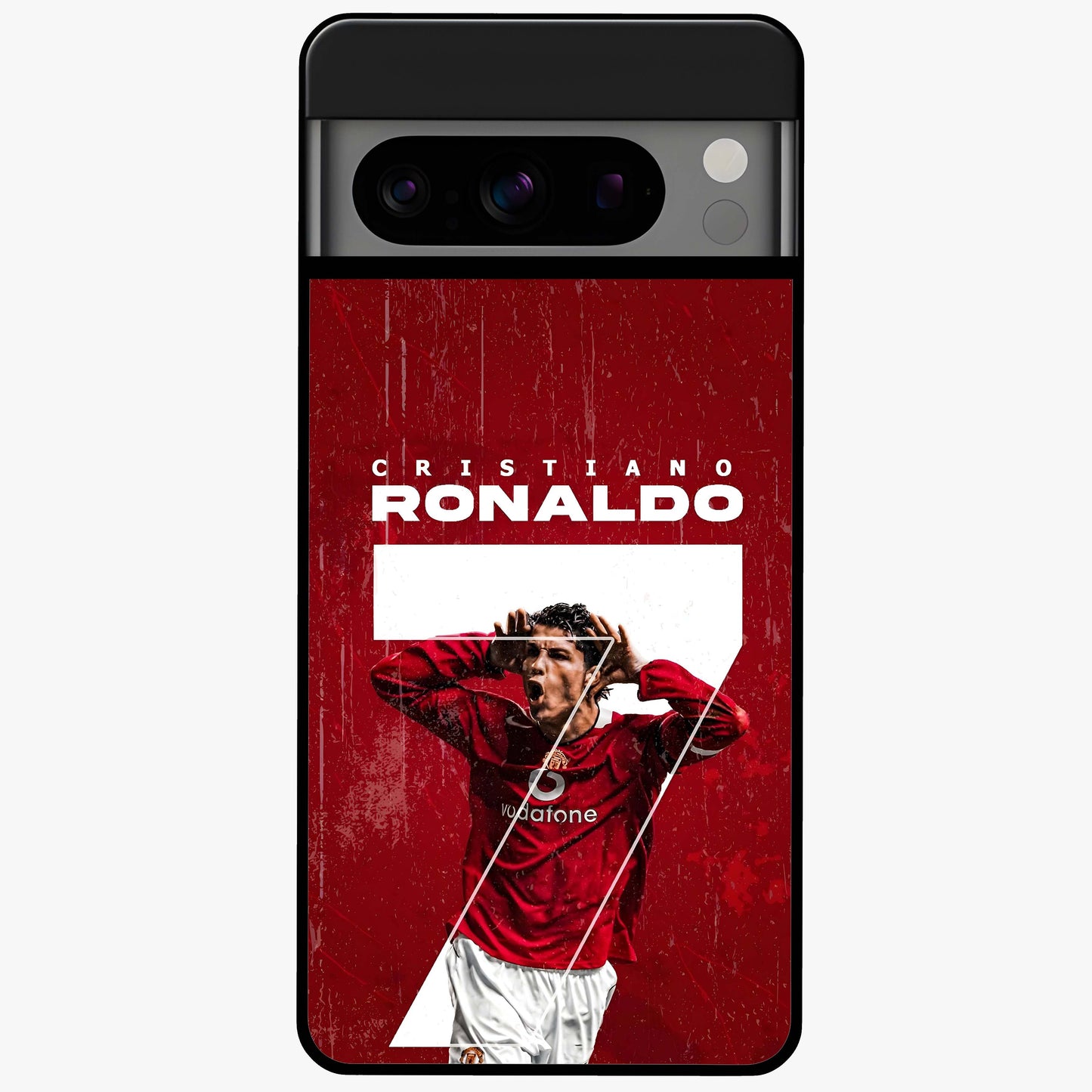 Goal Celebration Legacy Glass Case showing flat back view with football celebration inspired artwork and glossy glass finish.