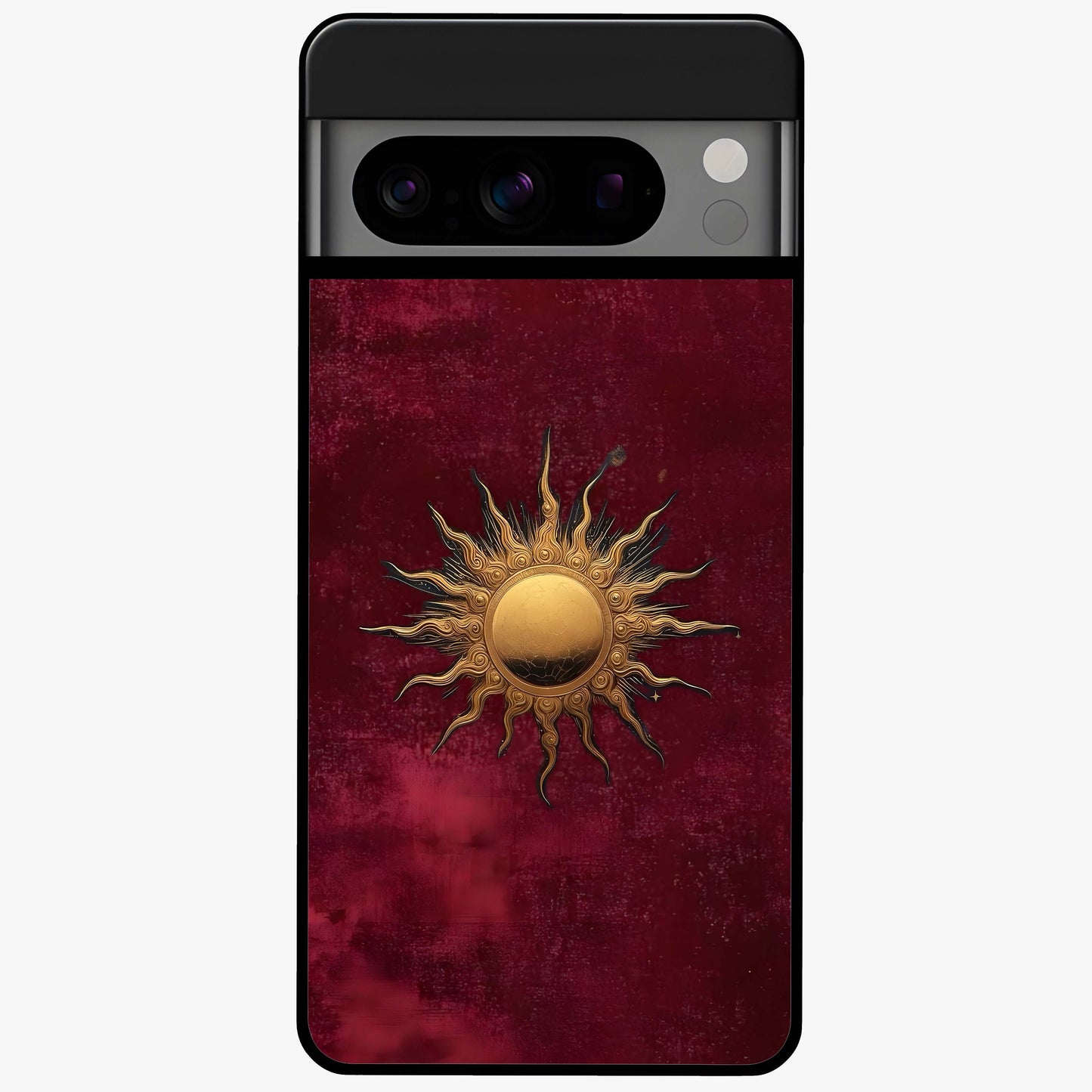 Gold Sun Blush Glass Case showing flat back view with golden sun inspired artwork and glossy glass finish.