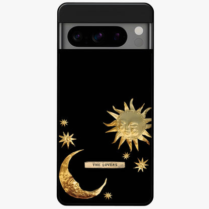 Golden Celestial Charm Glass Case showing flat back view with golden celestial charm artwork and glossy glass finish.