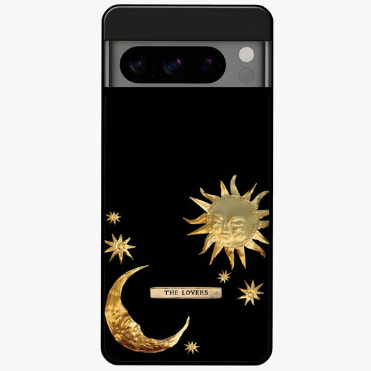 Golden Celestial Charm Glass Case showing flat back view with golden celestial charm artwork and glossy glass finish.