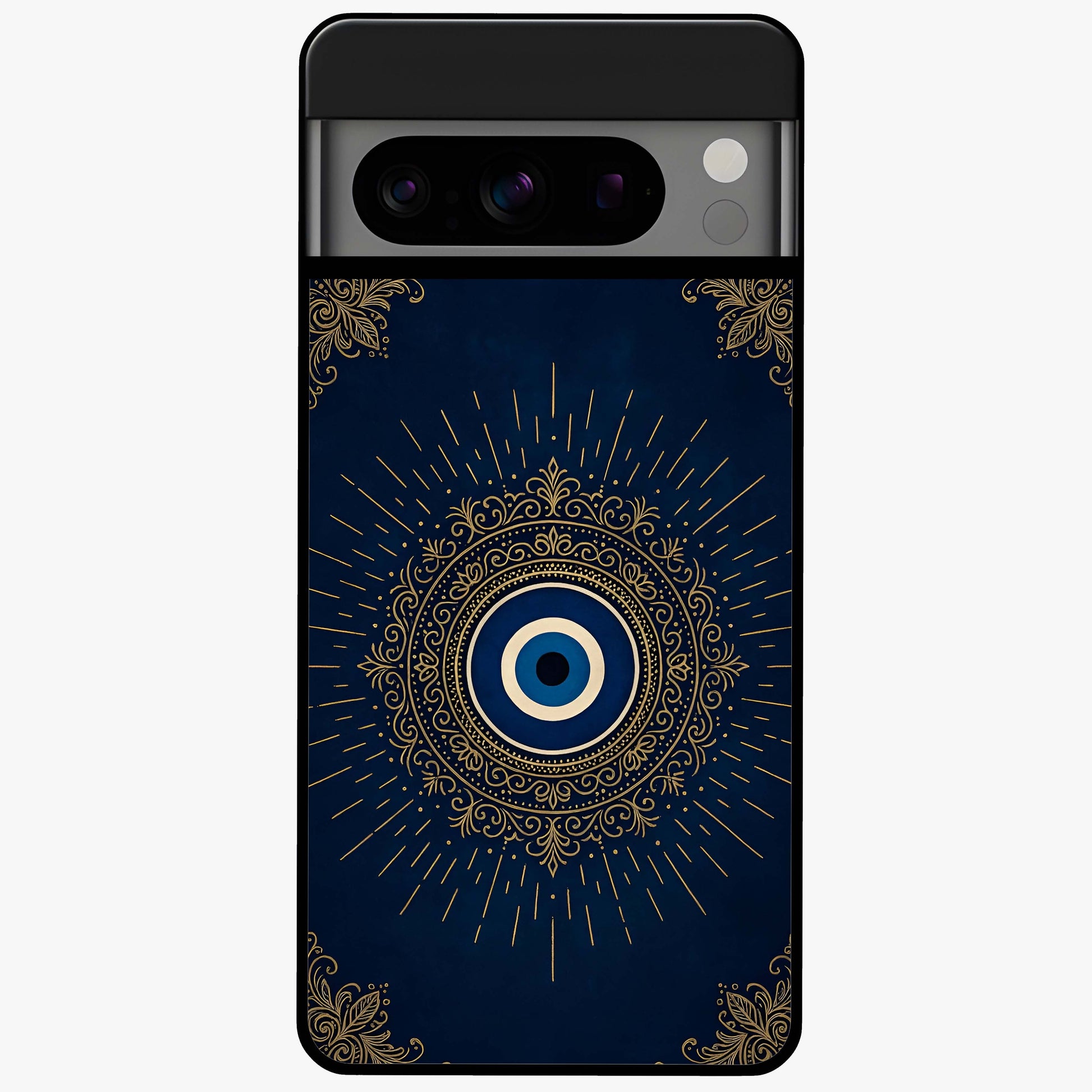 Golden Evil Eye Mandala Glass Case showing flat back view with intricate evil eye mandala artwork and glossy glass finish.