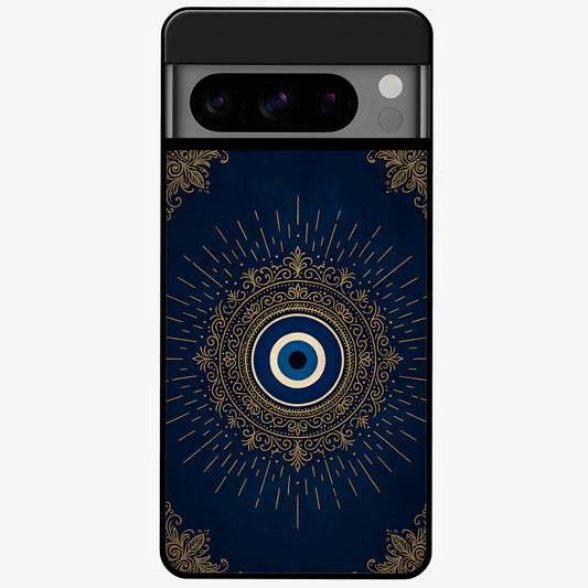 Golden Evil Eye Mandala Glass Case showing flat back view with intricate evil eye mandala artwork and glossy glass finish.