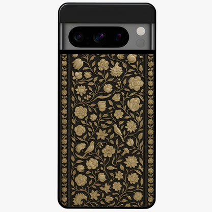 Golden Floral Majesty Glass Case showing flat back view with luxurious golden floral artwork and glossy glass finish.