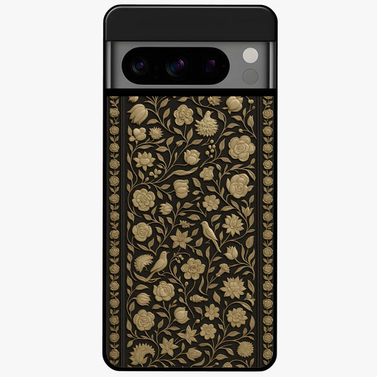 Golden Floral Majesty Glass Case showing flat back view with luxurious golden floral artwork and glossy glass finish.