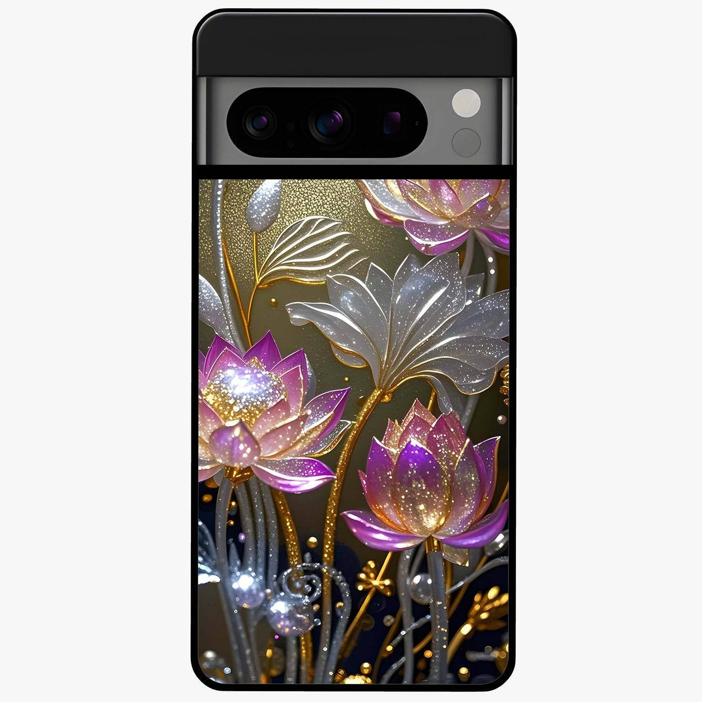 Golden Lotus Glow Glass Case showing flat back view with glowing lotus flower artwork and glossy glass finish.
