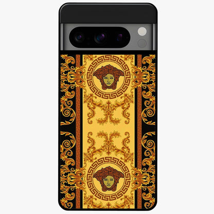 Golden Royal Heritage Glass Case showing flat back view with ornate royal pattern artwork and glossy glass finish.