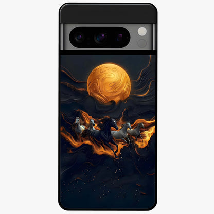Golden Stallion Moonride Glass Case showing flat back view with majestic horse under moonlight artwork and glossy glass finish.