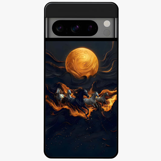 Golden Stallion Moonride Glass Case showing flat back view with majestic horse under moonlight artwork and glossy glass finish.