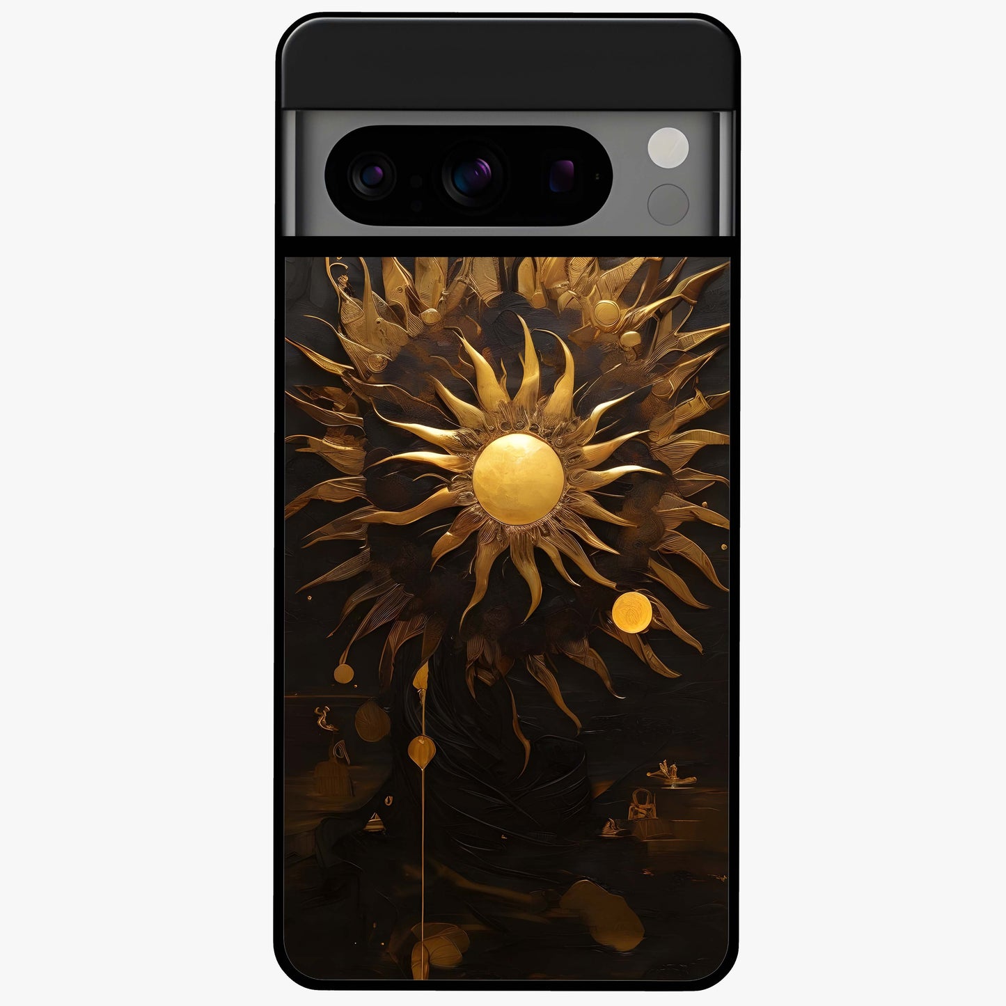 Golden Sun Majesty Glass Case showing flat back view with radiant golden sun artwork and glossy glass finish.