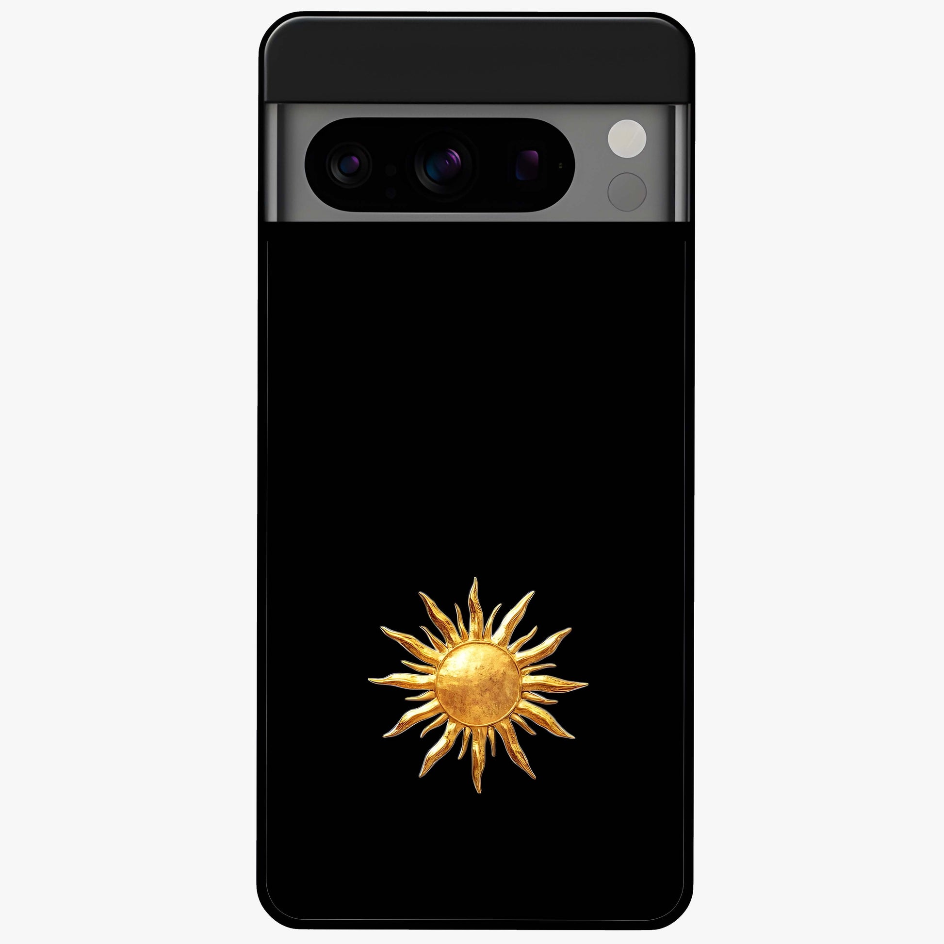 Golden Sun Minimalism Glass Case showing flat back view with minimal golden sun artwork and glossy glass finish.