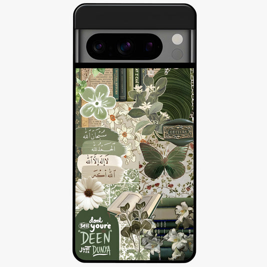 Green Islamic Books Quotes Glass Case showing flat back view with Islamic quotes and book themed artwork and glossy glass finish.