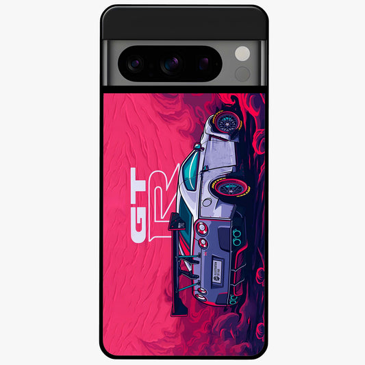 GT-R Car Pattern Glass Case showing flat back view with sporty car inspired pattern artwork and glossy glass finish.