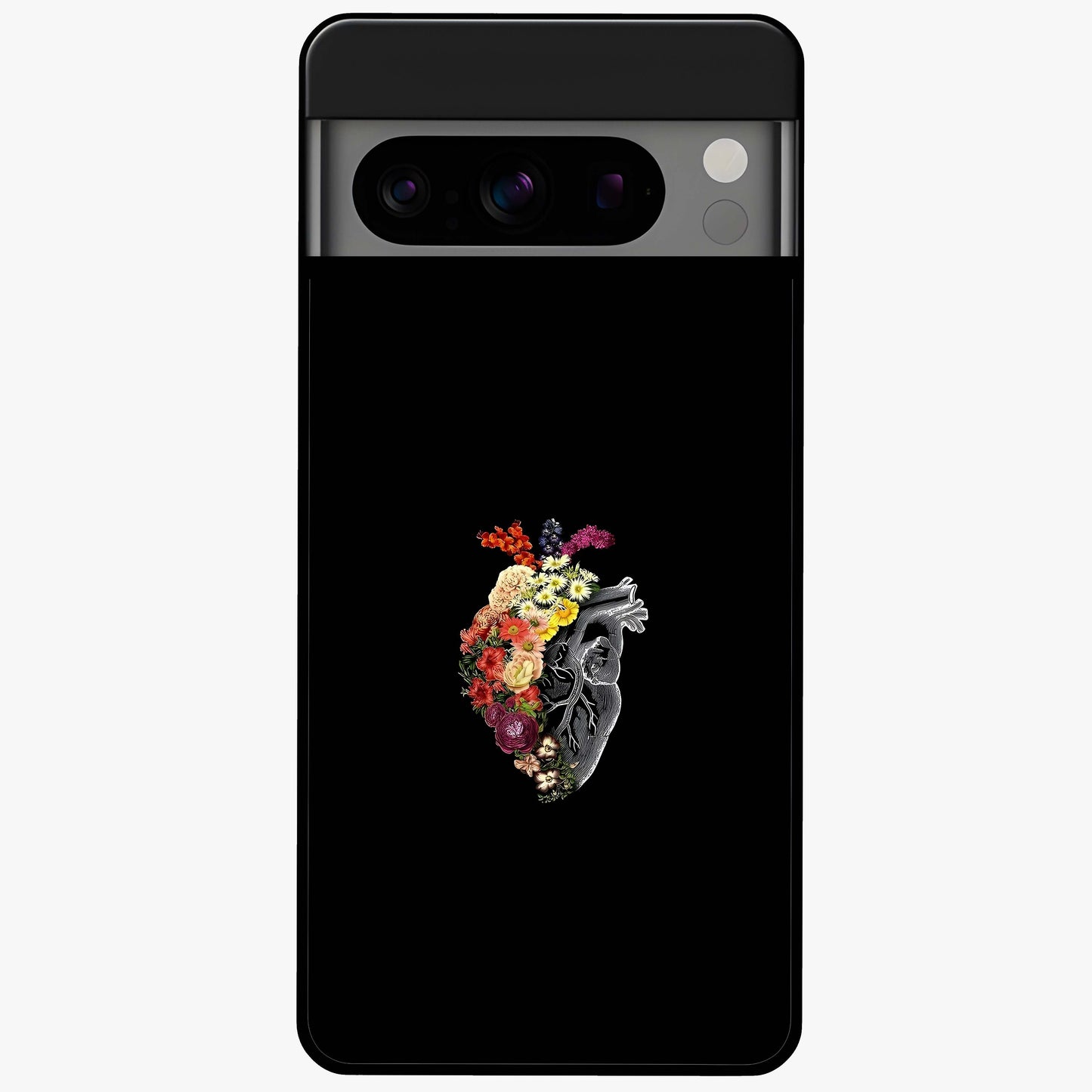 Heart With Flowers Glass Case showing flat back view with heart shaped floral artwork and glossy glass finish.