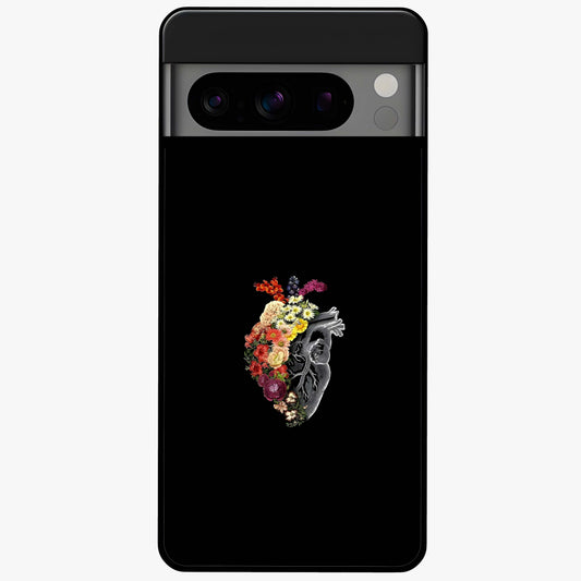 Heart With Flowers Glass Case showing flat back view with heart shaped floral artwork and glossy glass finish.