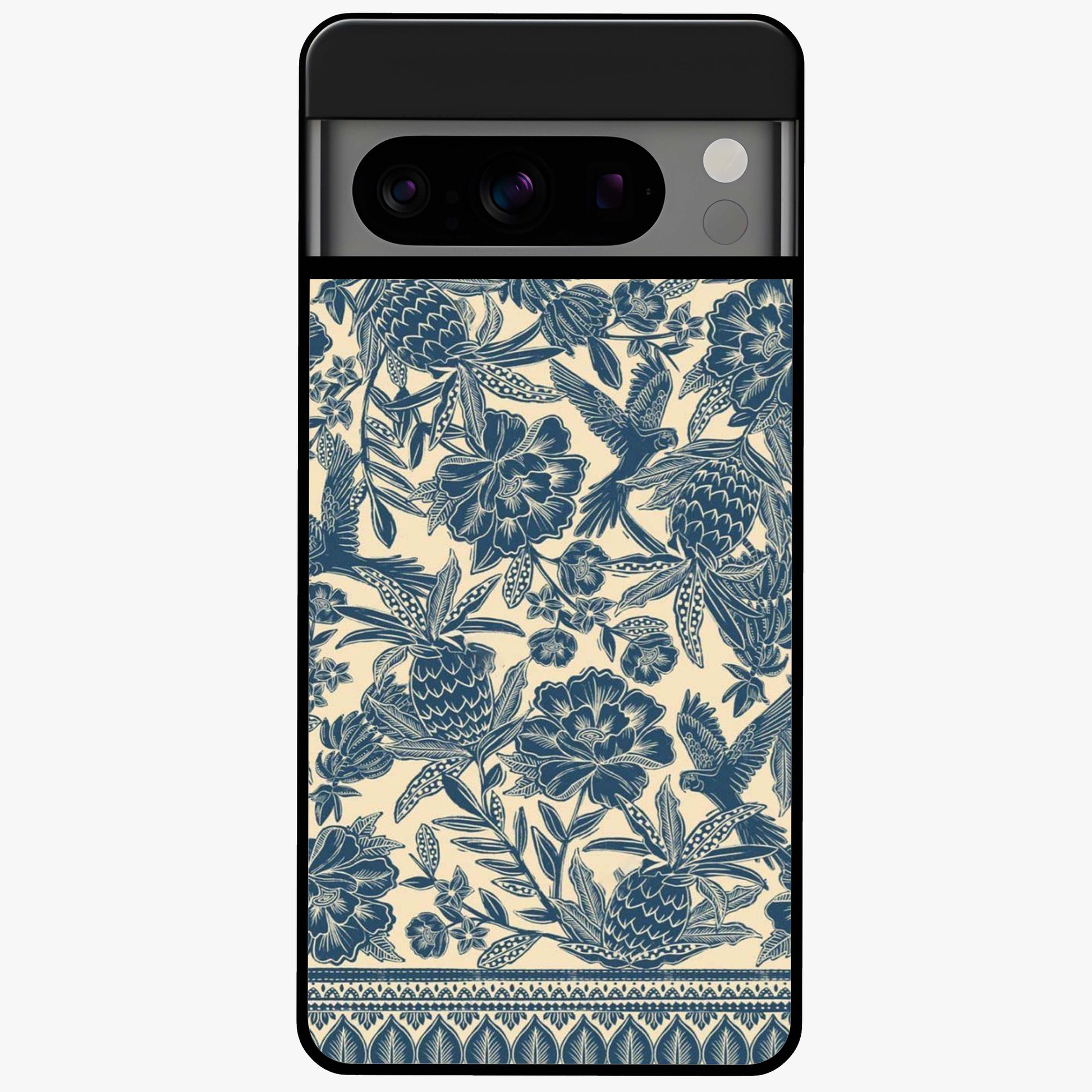 Heirloom Wild Bloom Glass Case showing flat back view with vintage inspired wild flower artwork and glossy glass finish.