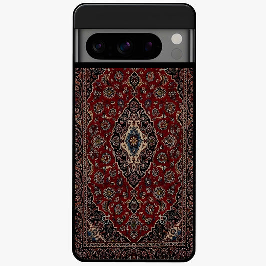 Heritage Carpet Royale Glass Case showing flat back view with ornate Persian carpet inspired pattern and glossy glass finish.