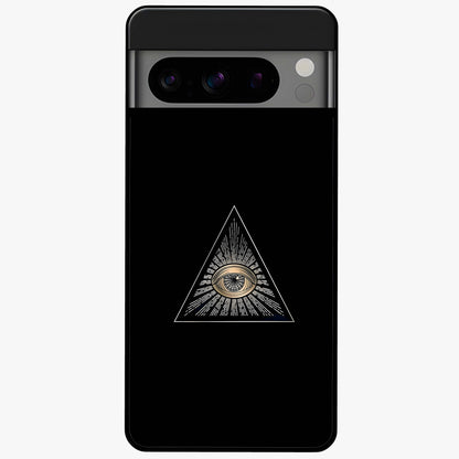 Illuminati Evil Glass Case showing flat back view with mysterious illuminati symbol artwork and glossy glass finish.