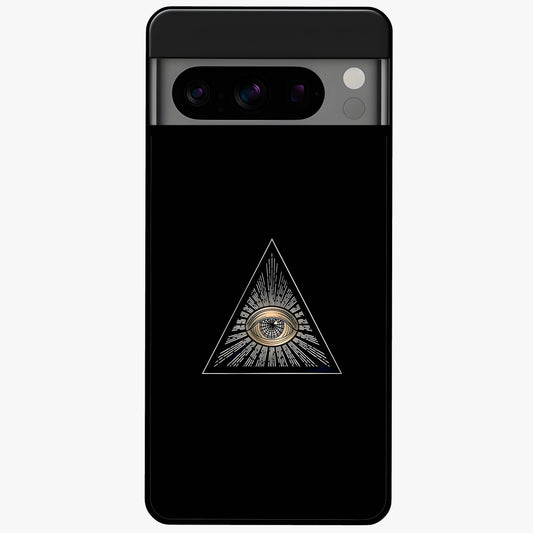 Illuminati Evil Glass Case showing flat back view with mysterious illuminati symbol artwork and glossy glass finish.