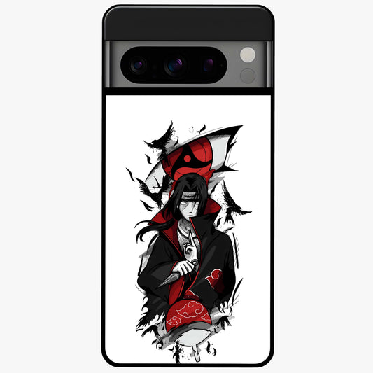 Itachi Sharingan Glass Case showing flat back view with powerful anime eye artwork and glossy glass finish.
