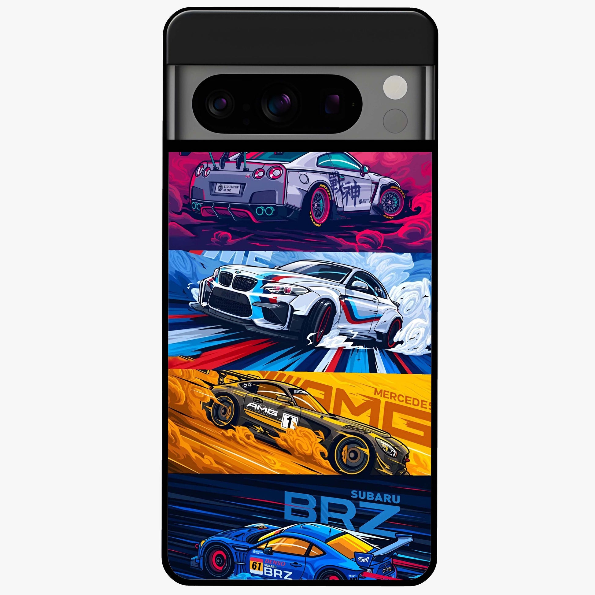 JDM Sports Car Glass Case showing flat back view with high performance sports car artwork and glossy glass finish.