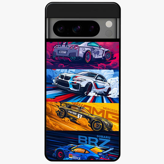 JDM Sports Car Glass Case showing flat back view with high performance sports car artwork and glossy glass finish.