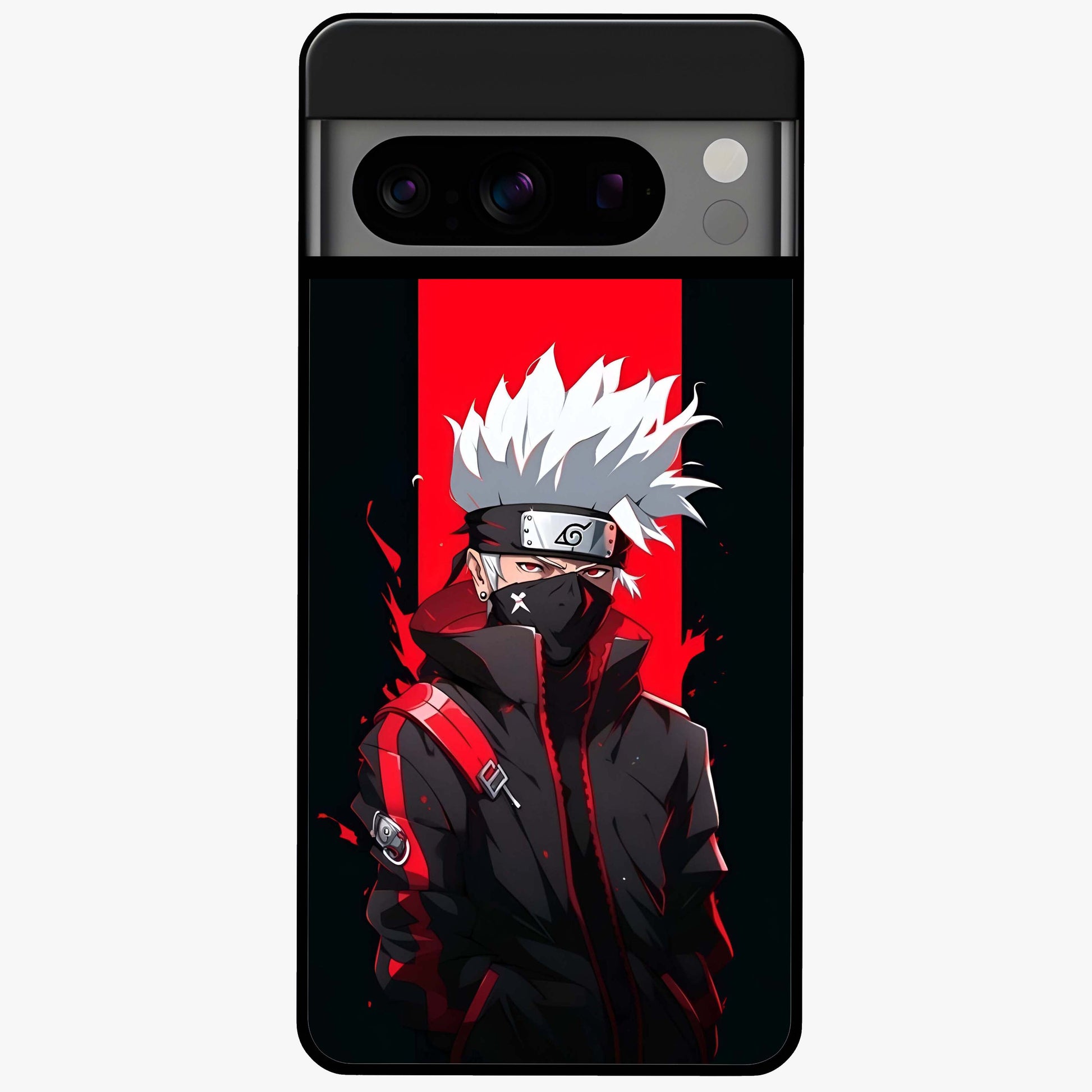 Kakashi Scarlet Shadow Glass Case showing flat back view with powerful anime ninja artwork and glossy glass finish.
