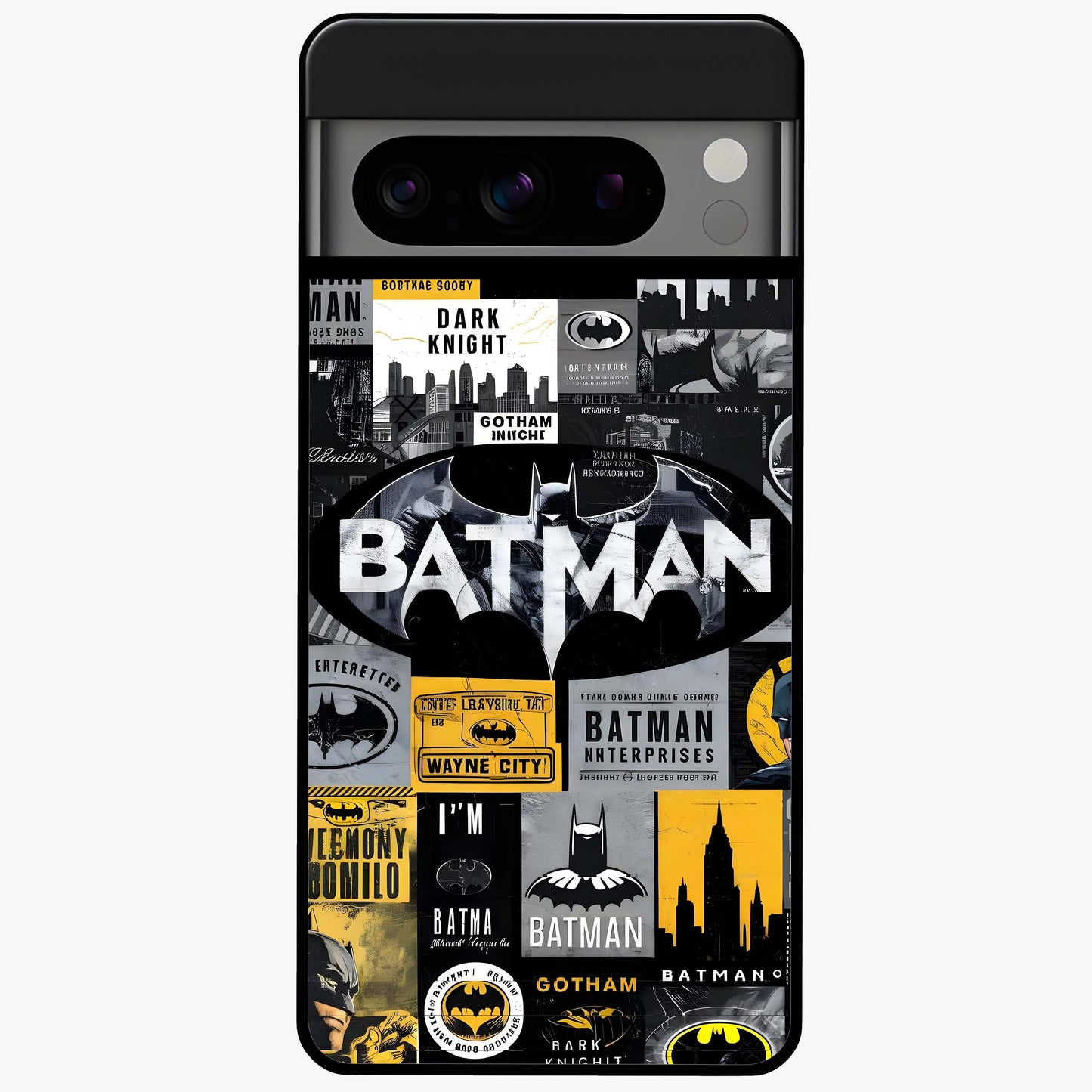 Knight Gotham Rise Glass Case showing flat back view with dark hero inspired artwork and glossy glass finish.