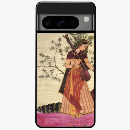 Lady With Veena Art Glass Case showing flat back view with elegant woman playing veena artwork and glossy glass finish.