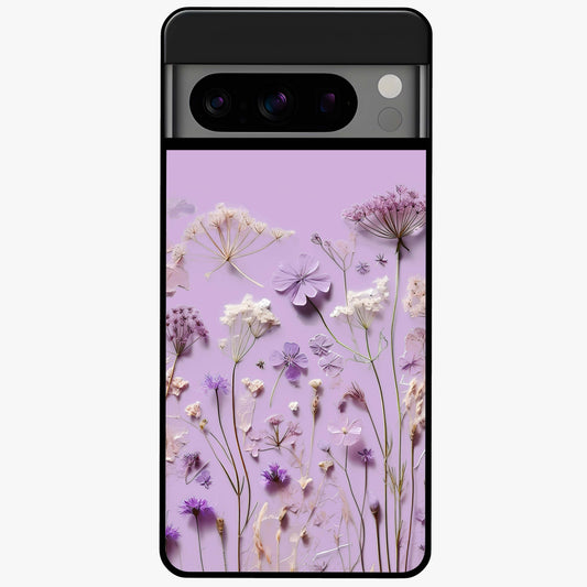 Lavender Blossom Dream Glass Case showing flat back view with soft lavender floral artwork and glossy glass finish.