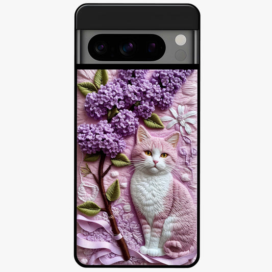 Lavender Cat Whimsy Glass Case showing flat back view with cute lavender cat artwork and glossy glass finish.