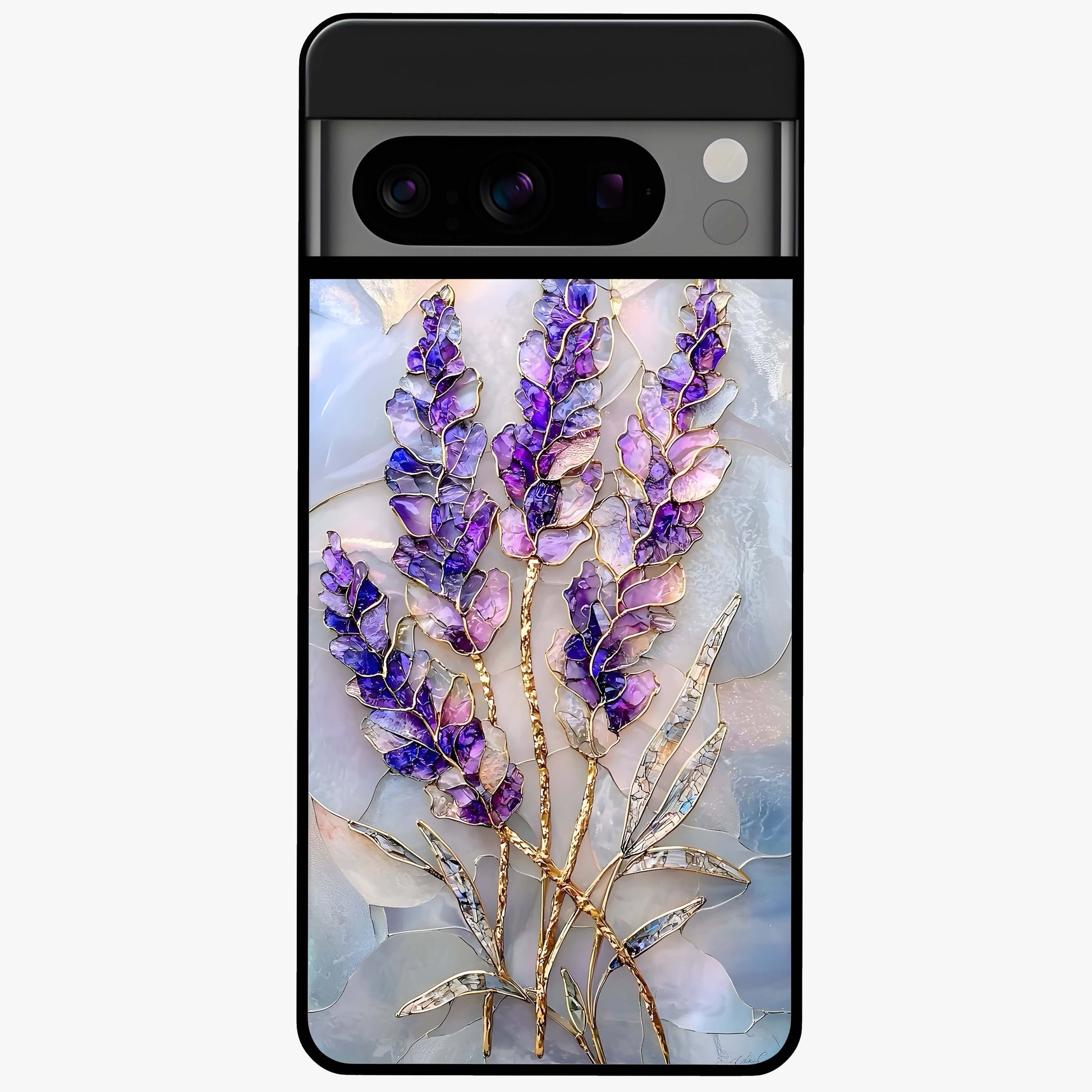 Lavender Dream Glow Glass Case showing flat back view with glowing lavender aesthetic artwork and glossy glass finish.