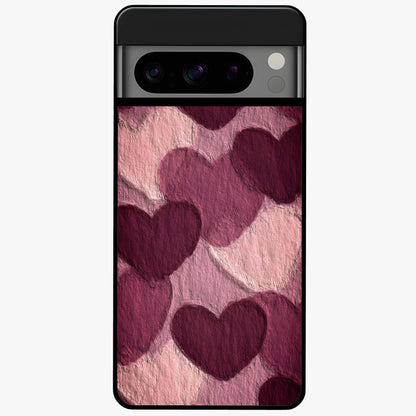 Layered Paper Hearts Glass Case showing flat back view with layered paper heart artwork and glossy glass finish.