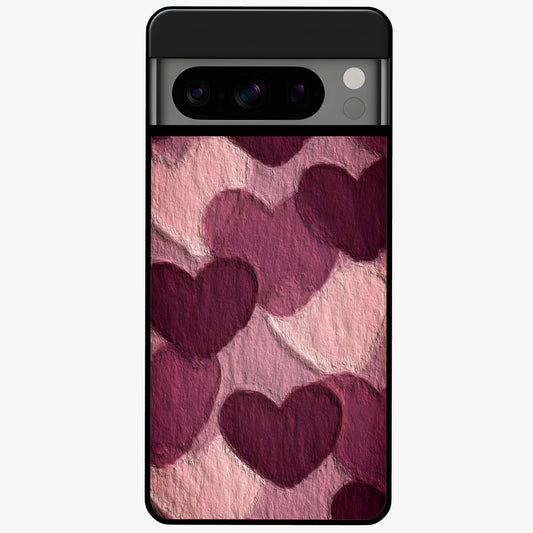 Layered Paper Hearts Glass Case showing flat back view with layered paper heart artwork and glossy glass finish.