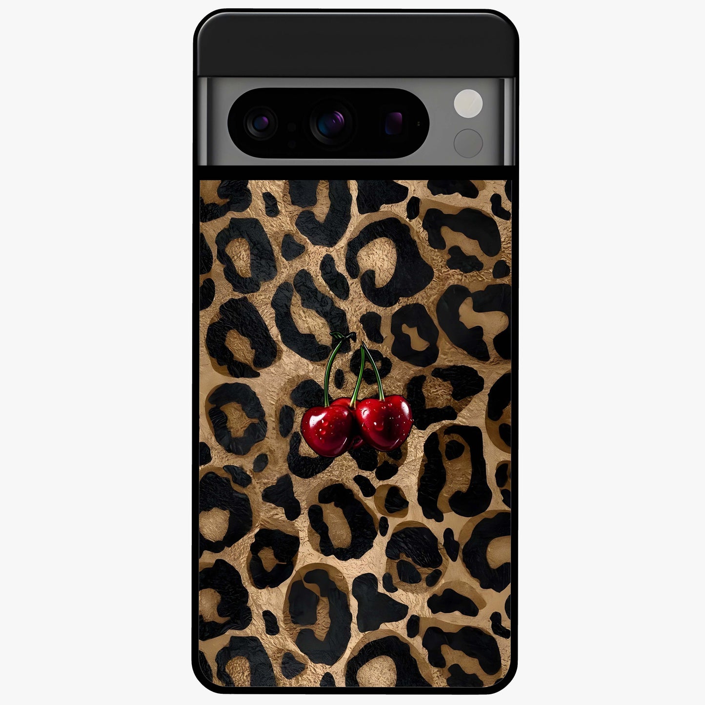 Leopard Wild Cherry Glass Case showing flat back view with leopard pattern and cherry artwork and glossy glass finish.