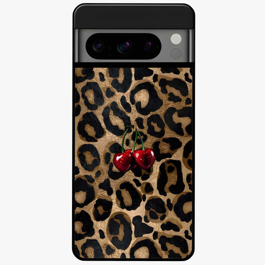Leopard Wild Cherry Glass Case showing flat back view with leopard pattern and cherry artwork and glossy glass finish.