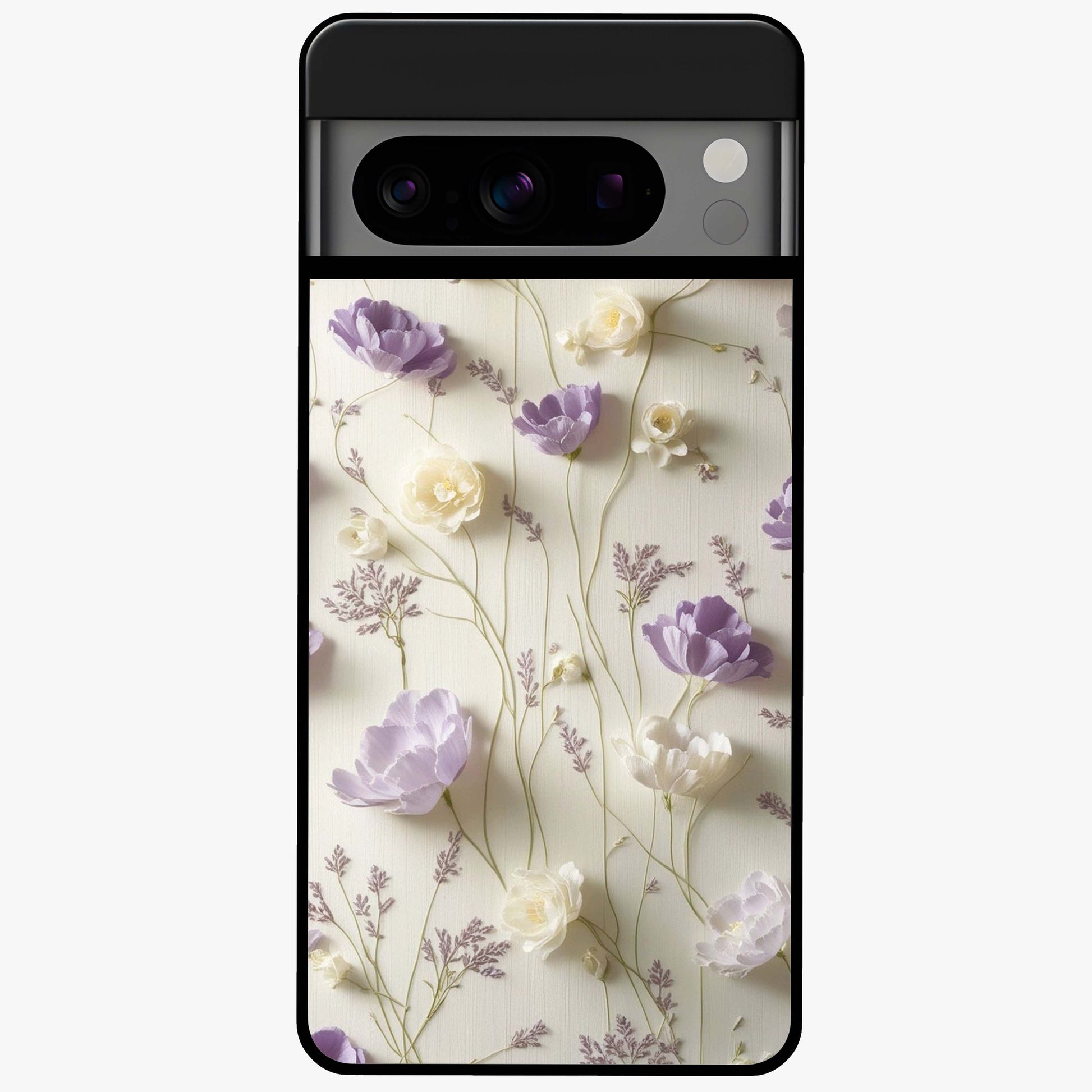 Lilac Breeze Harmony Glass Case showing flat back view with soft lilac themed artwork and glossy glass finish.