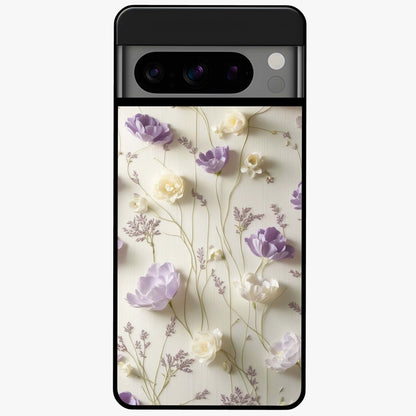 Lilac Breeze Harmony Glass Case showing flat back view with soft lilac themed artwork and glossy glass finish.