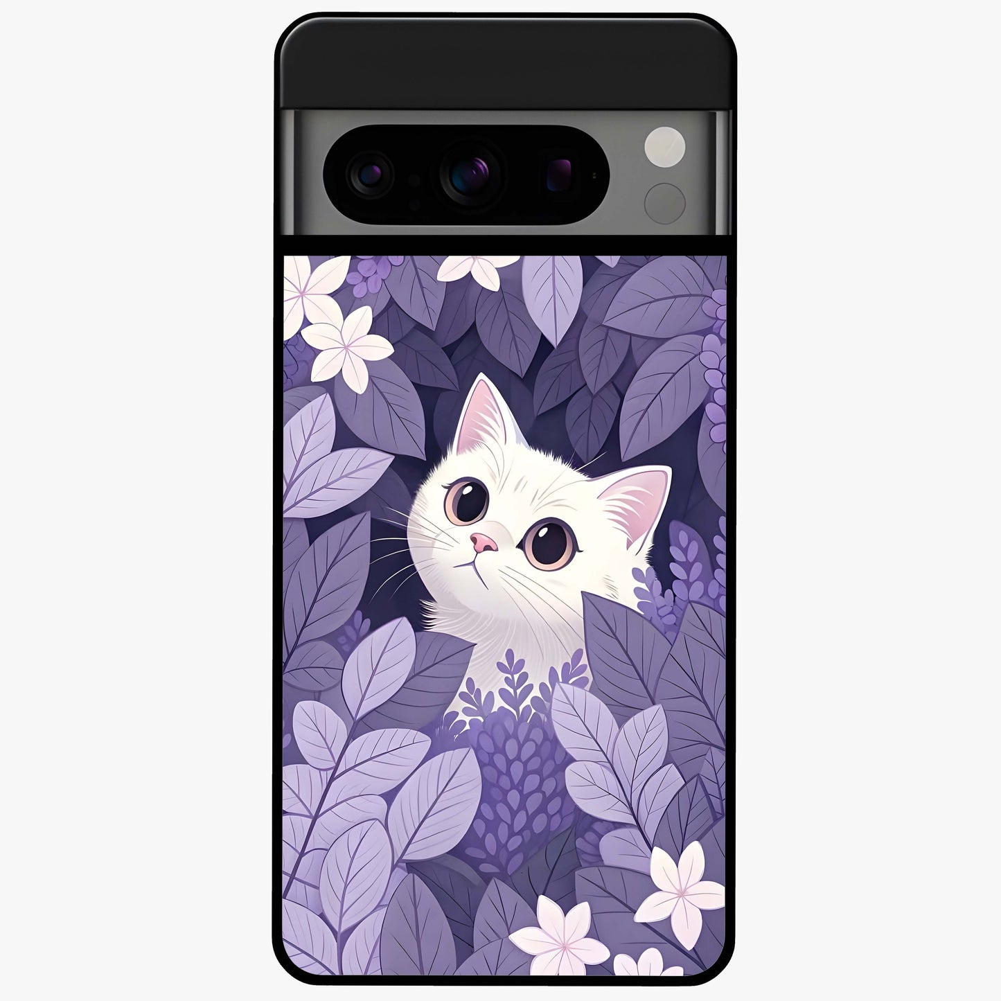 Lilac Hide Peek Cat Glass Case showing flat back view with cute peeking cat artwork and glossy glass finish.