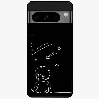 Line Art Boy With Shooting Stars Glass Case showing flat back view with minimal line art boy and shooting stars illustration and glossy glass finish.