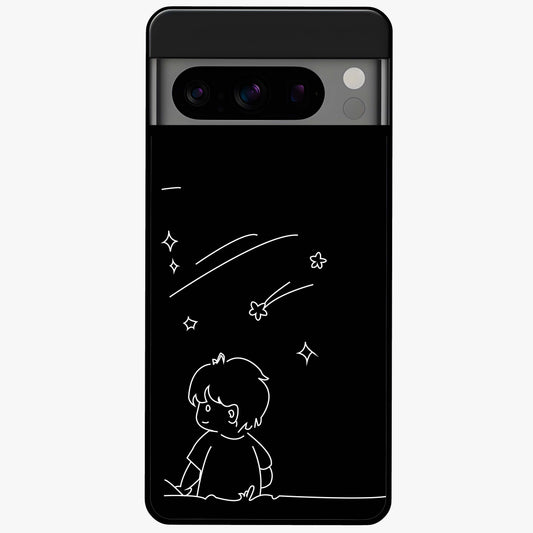 Line Art Boy With Shooting Stars Glass Case showing flat back view with minimal line art boy and shooting stars illustration and glossy glass finish.
