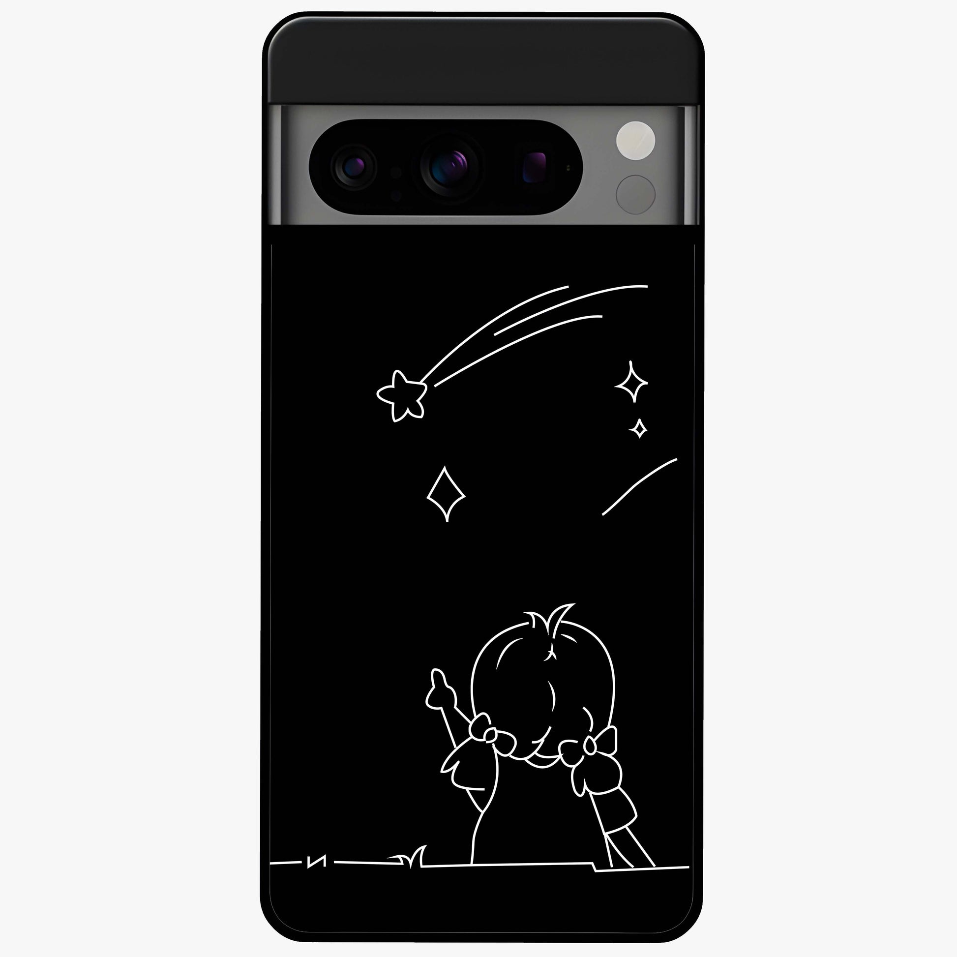 Line Art Girl With Shooting Stars Glass Case showing flat back view with minimal line art girl and shooting stars illustration and glossy glass finish.