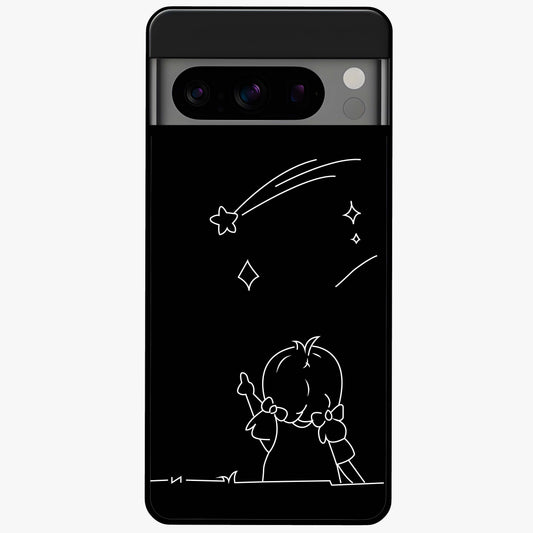Line Art Girl With Shooting Stars Glass Case showing flat back view with minimal line art girl and shooting stars illustration and glossy glass finish.