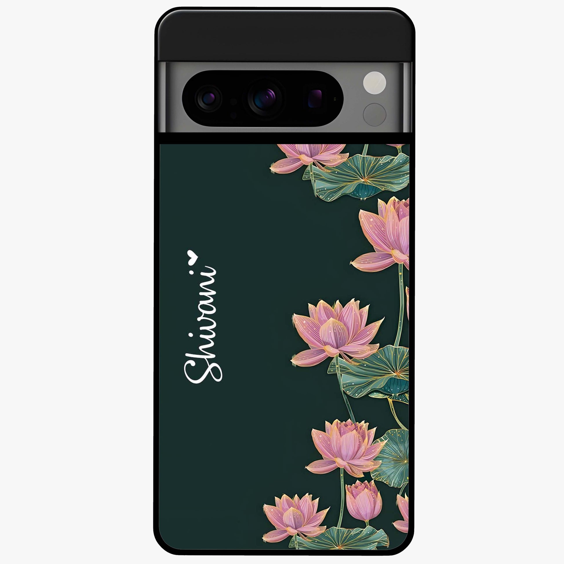 Lotus Bloom Serenity Custom Name Glass Case showing flat back view with elegant lotus flower artwork and personalized name design.