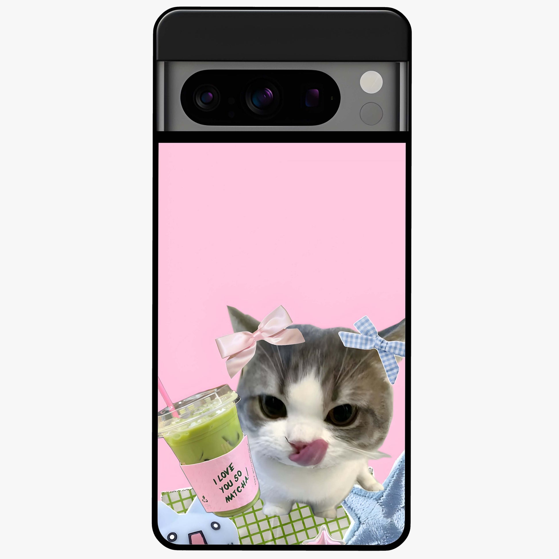 Love Matcha Cat Glass Case showing flat back view with cute cat and matcha themed artwork and glossy glass finish.