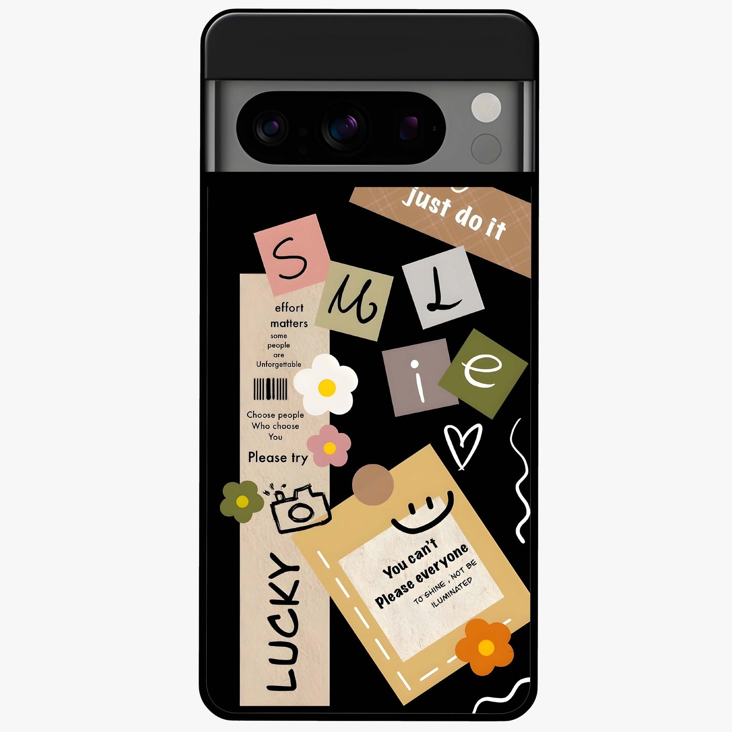 Lucky Aesthetic Collage Glass Case showing flat back view with trendy aesthetic collage artwork and glossy glass finish.