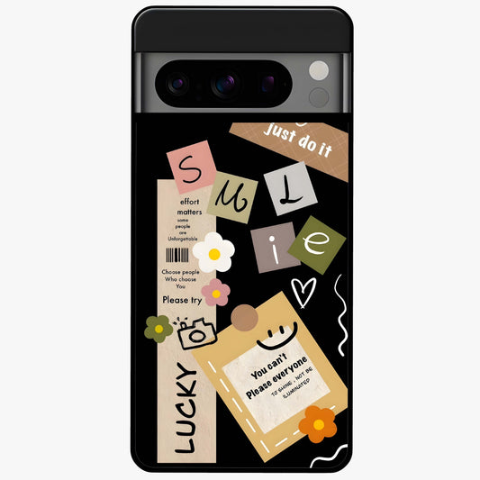 Lucky Aesthetic Collage Glass Case showing flat back view with trendy aesthetic collage artwork and glossy glass finish.