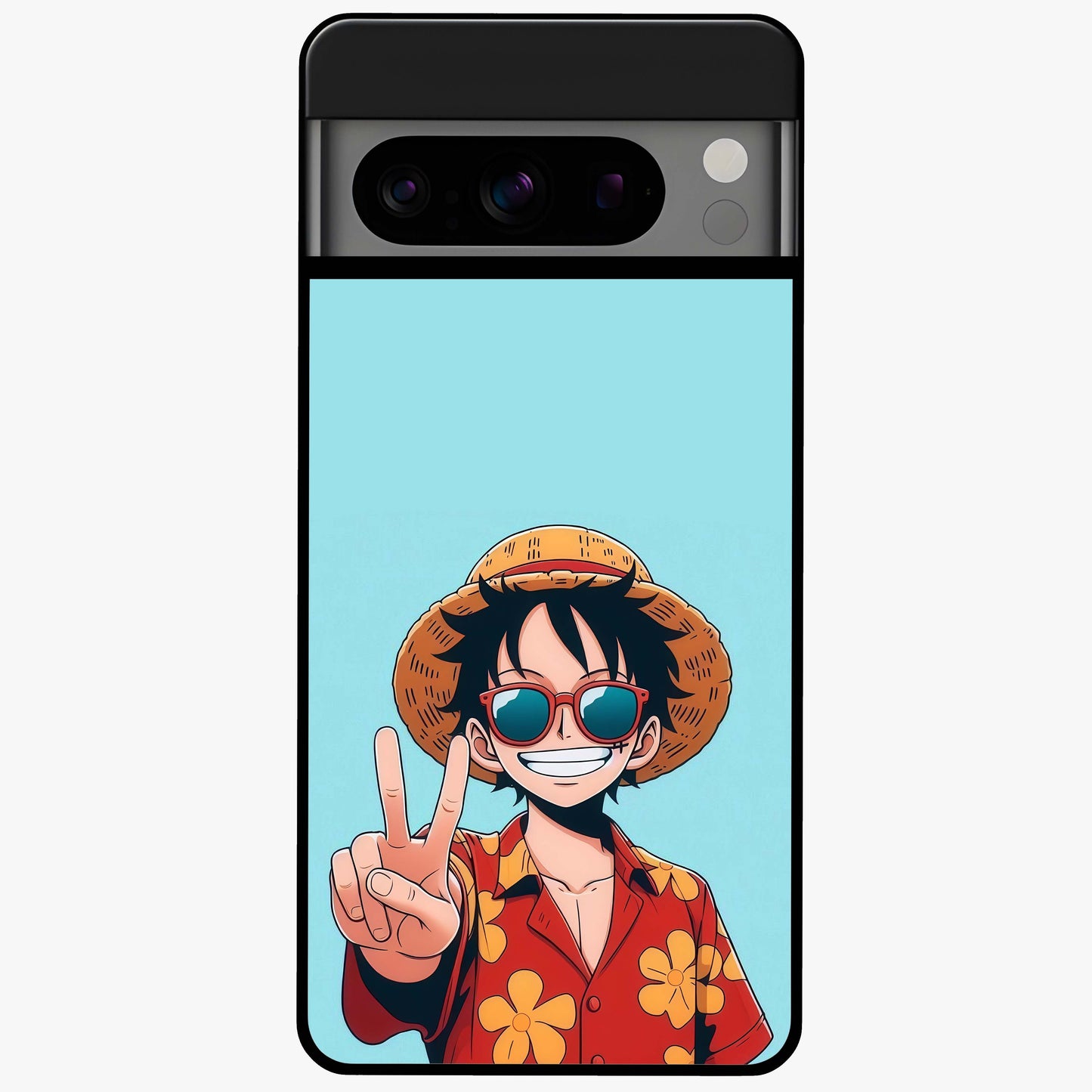 Luffy Summer Anime Vibe Glass Case showing flat back view with vibrant anime character artwork and glossy glass finish.